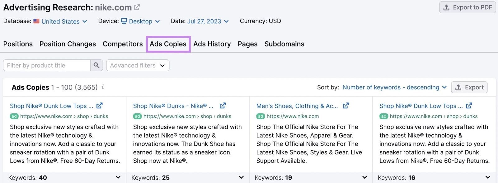 in “广告副本” tab in 广告研究 tool you can find see your competitors’ actual ad copy and the corresponding 关键字s