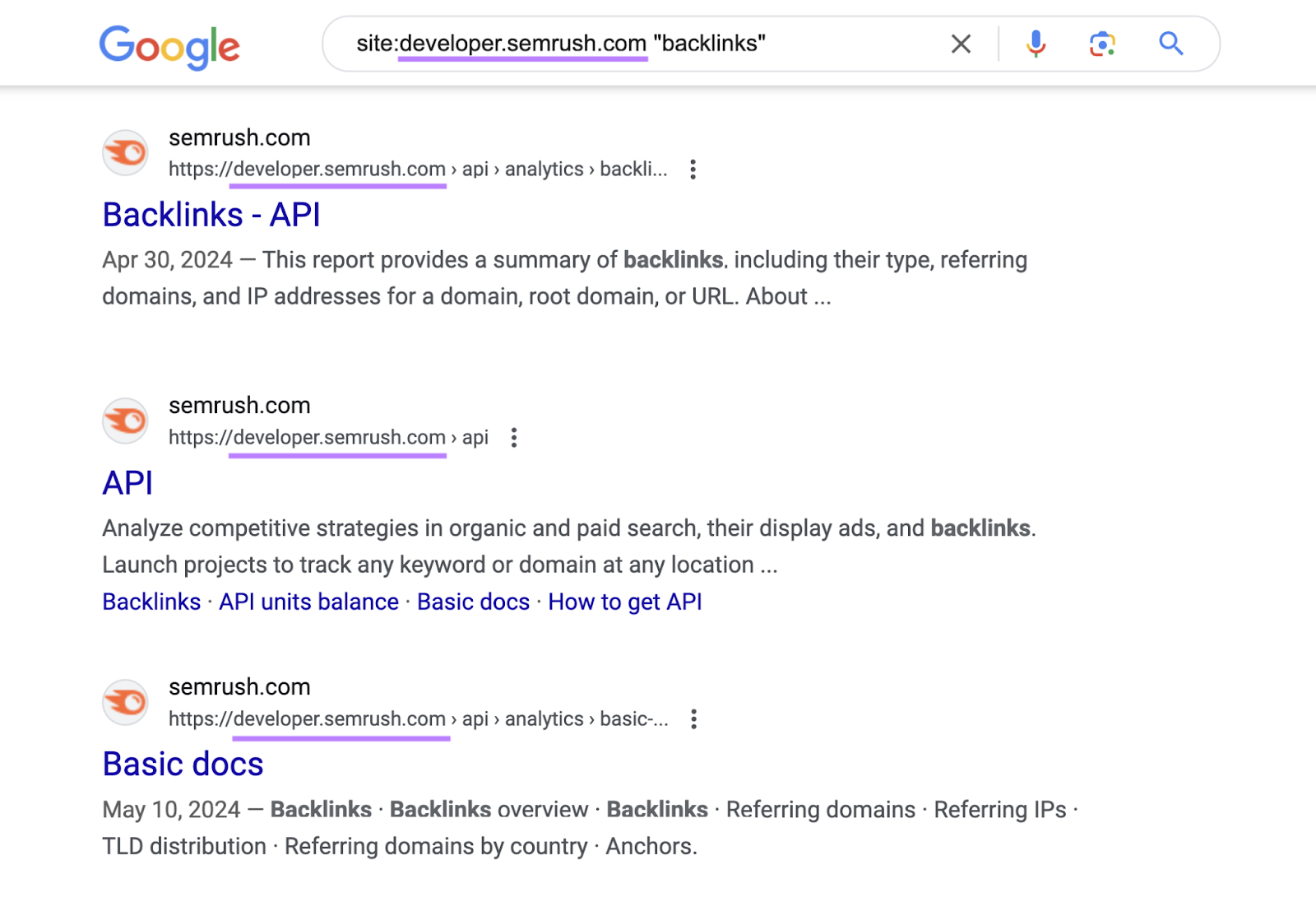 search results show page on Backlinks tool API, APIs,和basic docs about 反向链接s in Semrush tools