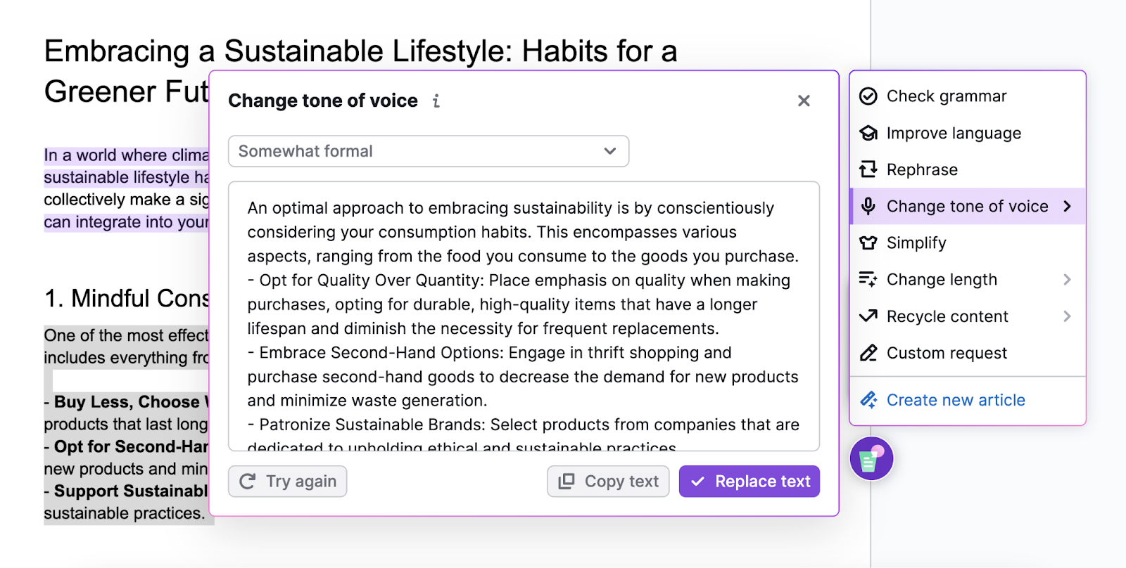 change tone of voice option highlighted. pop up shows changes to the text after selecting a
