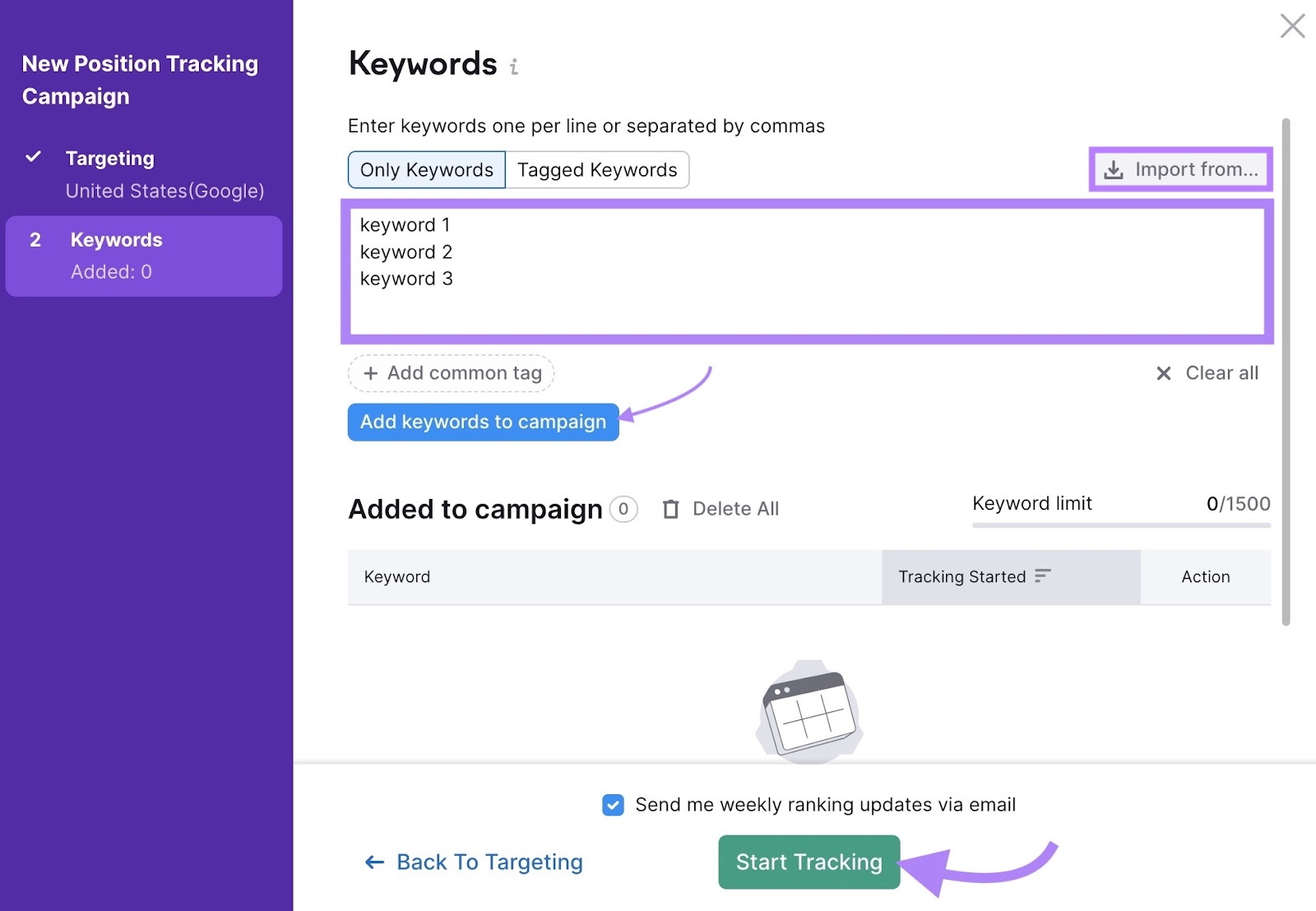 Keywords settings page on Position tracking with keywords entered in the input box和the