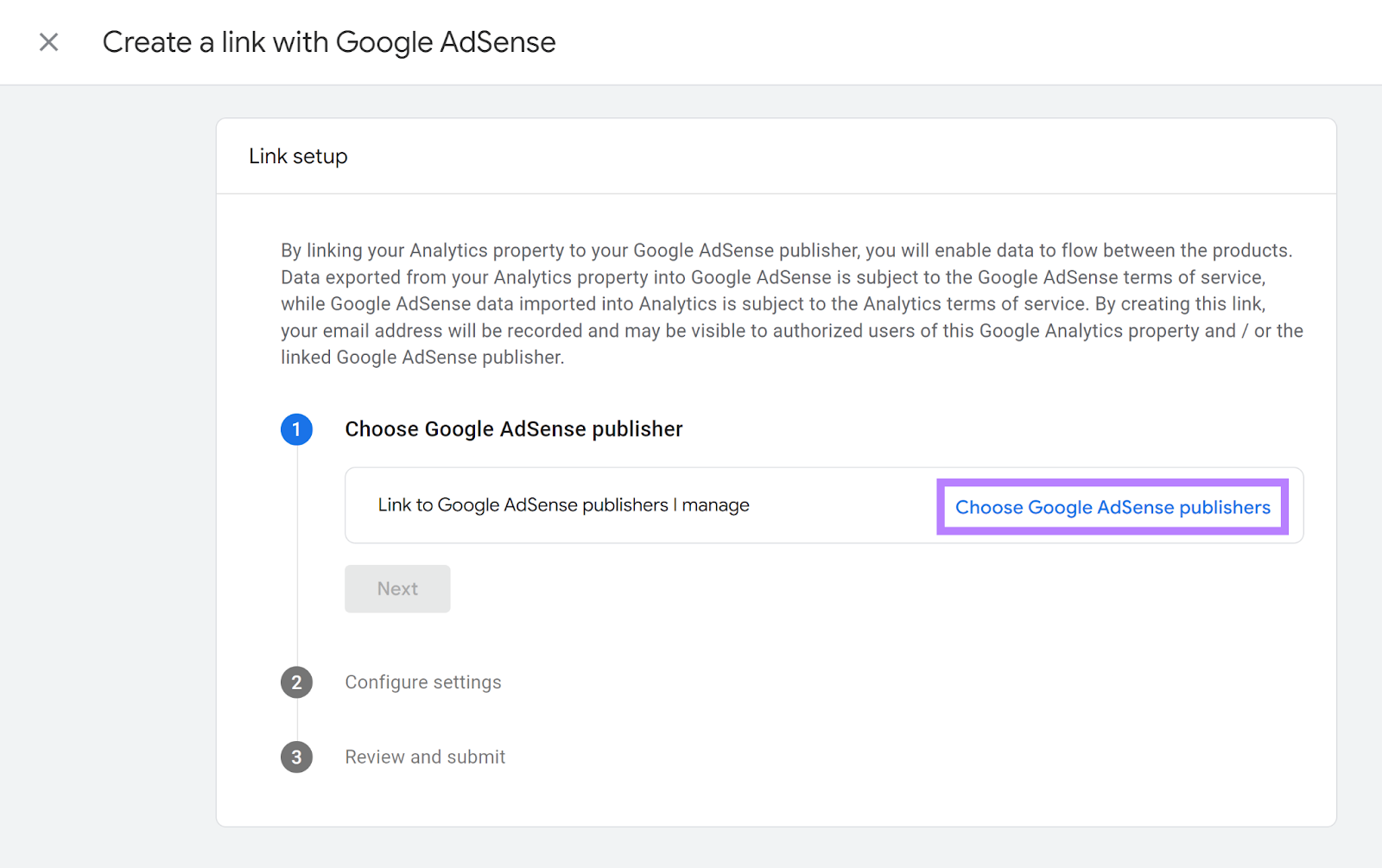 连结 setup step one with 选择Google AdSense发布商 link highlighted