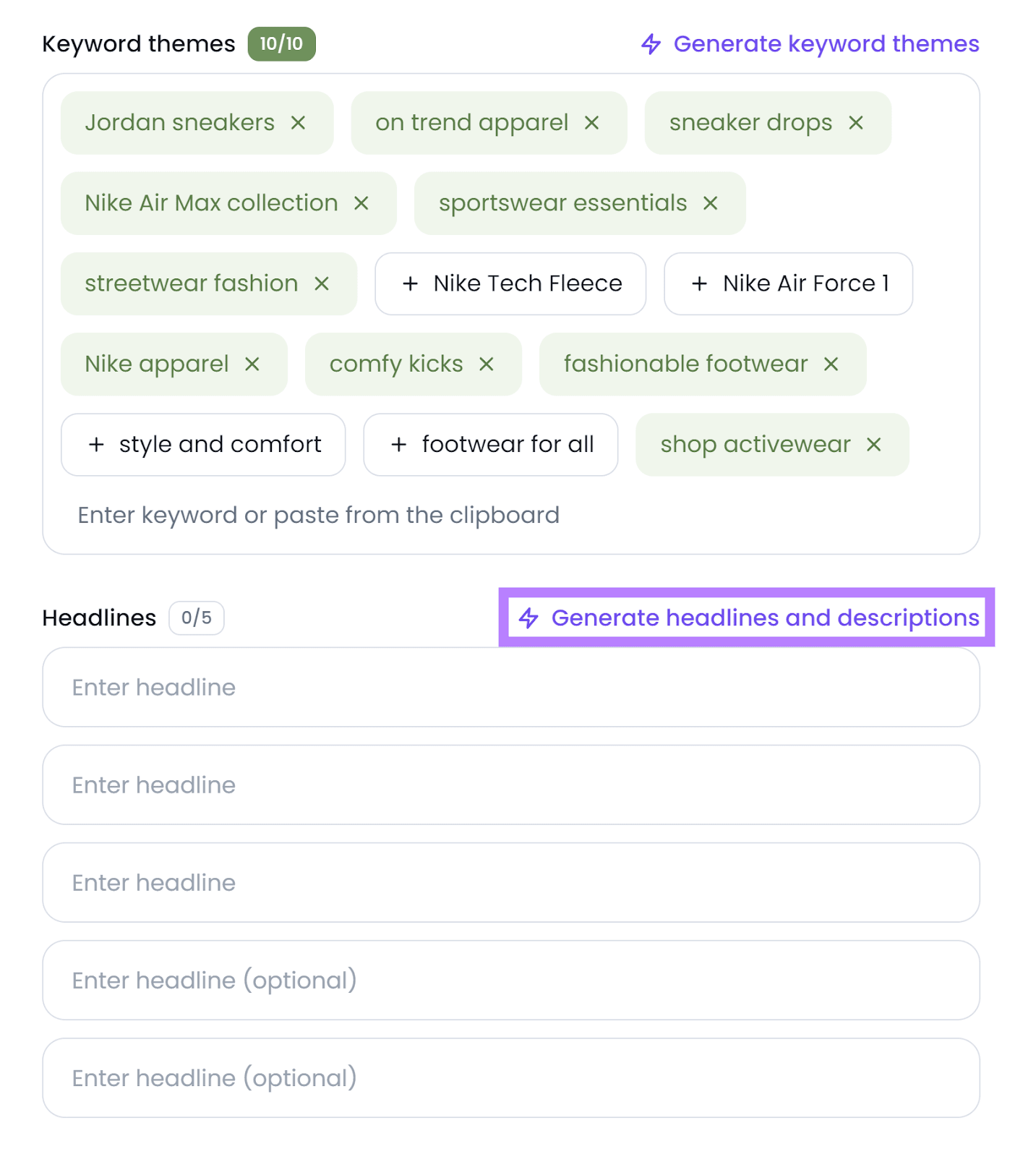 Keywords generated in Keyword themes section and '生成标题和描述' link highlighted