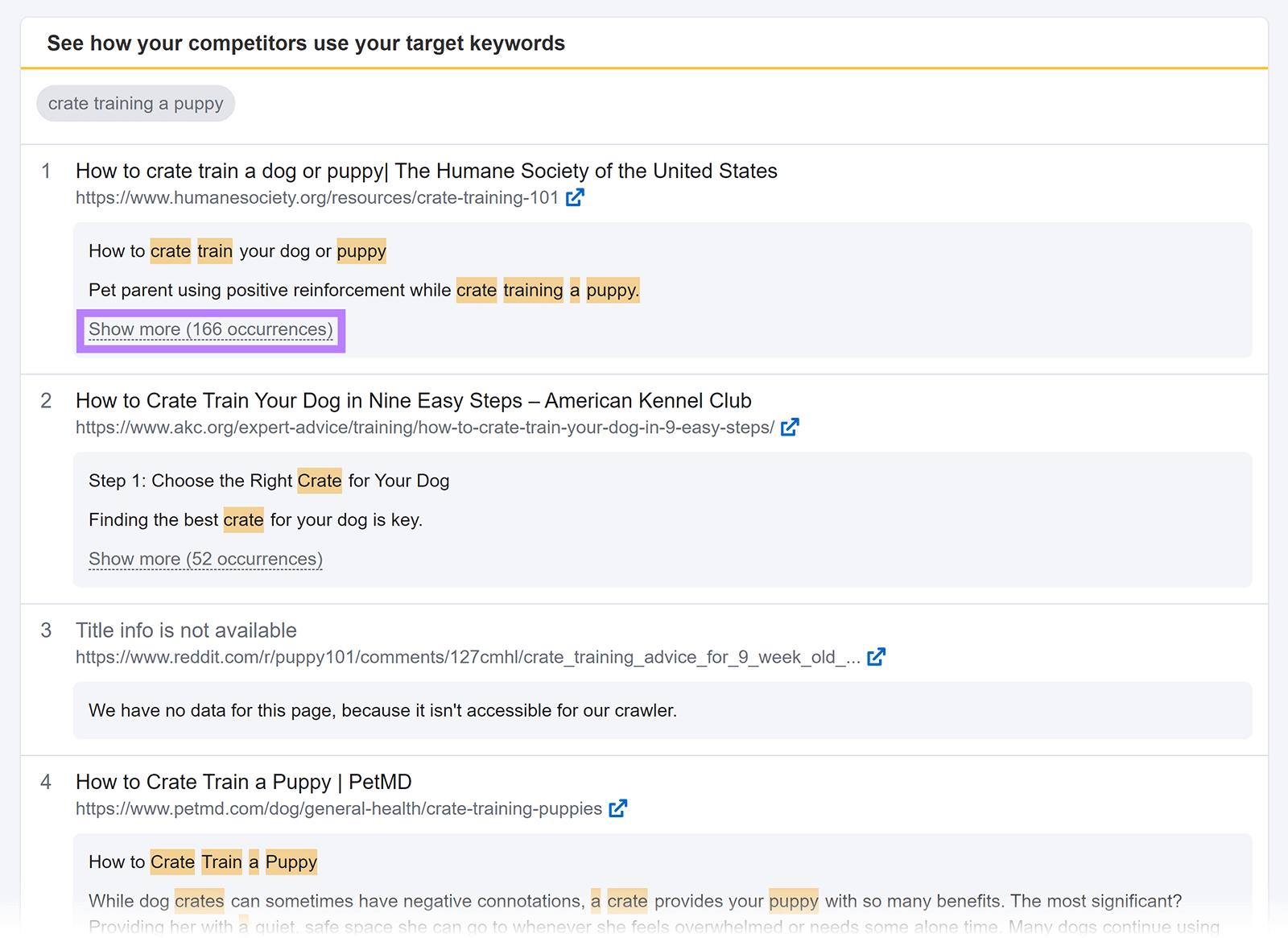 展示更多 highlighted in See how your competitors use your target 关键词 section