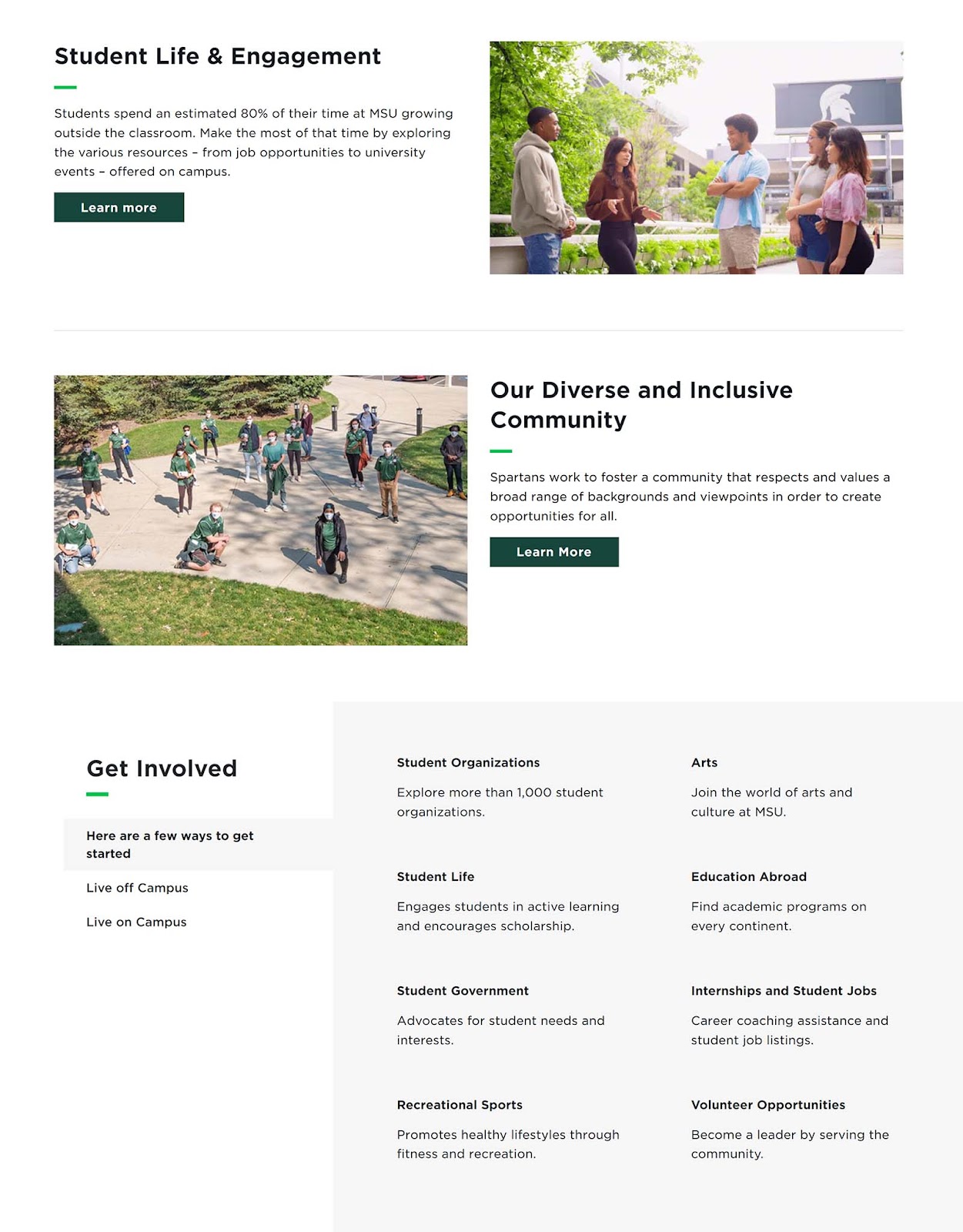 MSU page with sections about student life, diversity, and how students can get involved.