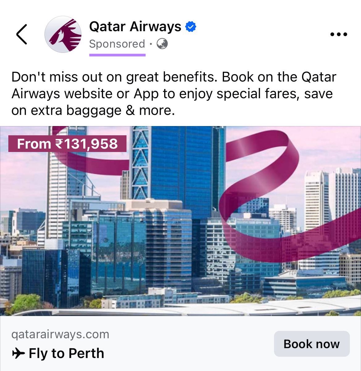 Facebook ad by Qatar Airways with the 