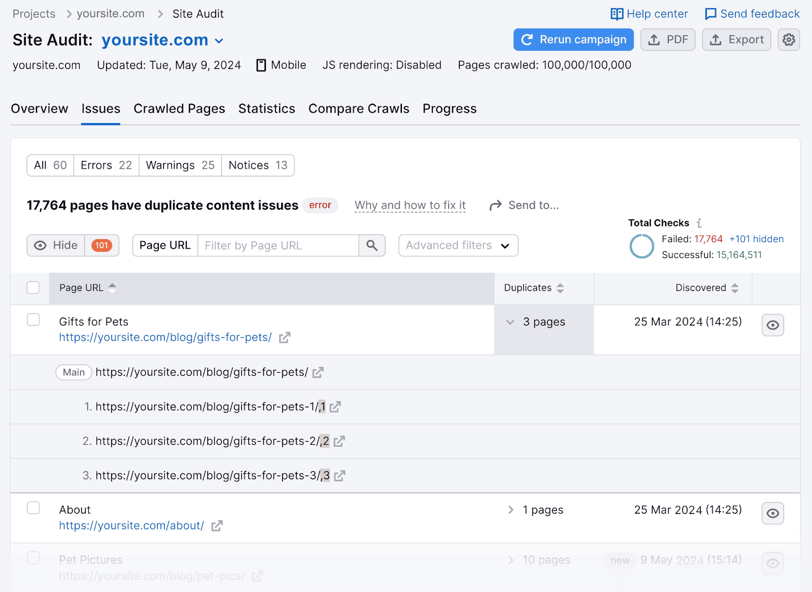 results page displaying 17,764 pages with 重复内容 issues for specific URLs
