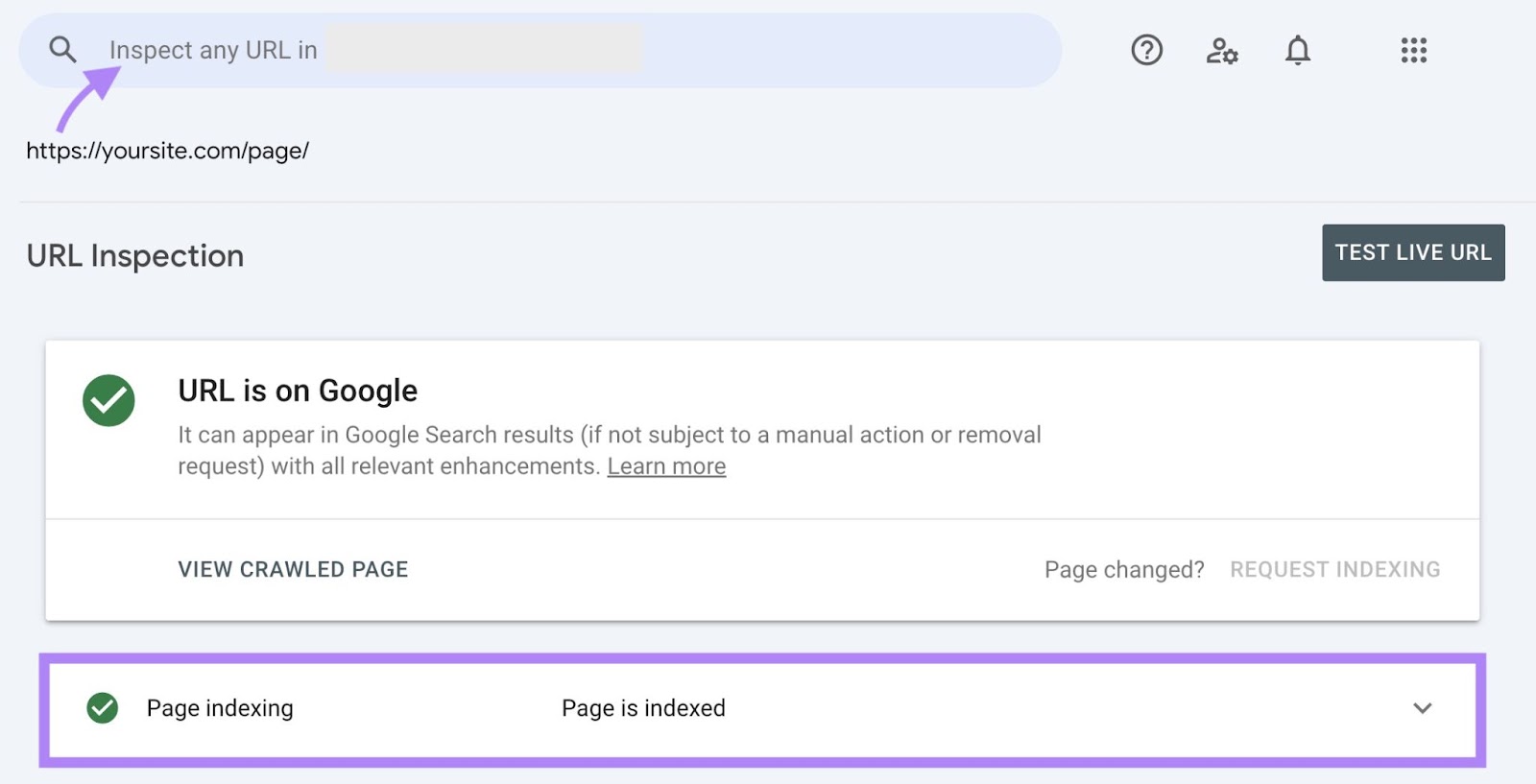 the result for a URL search on 谷歌搜索控制台 showing that the page is indexed
