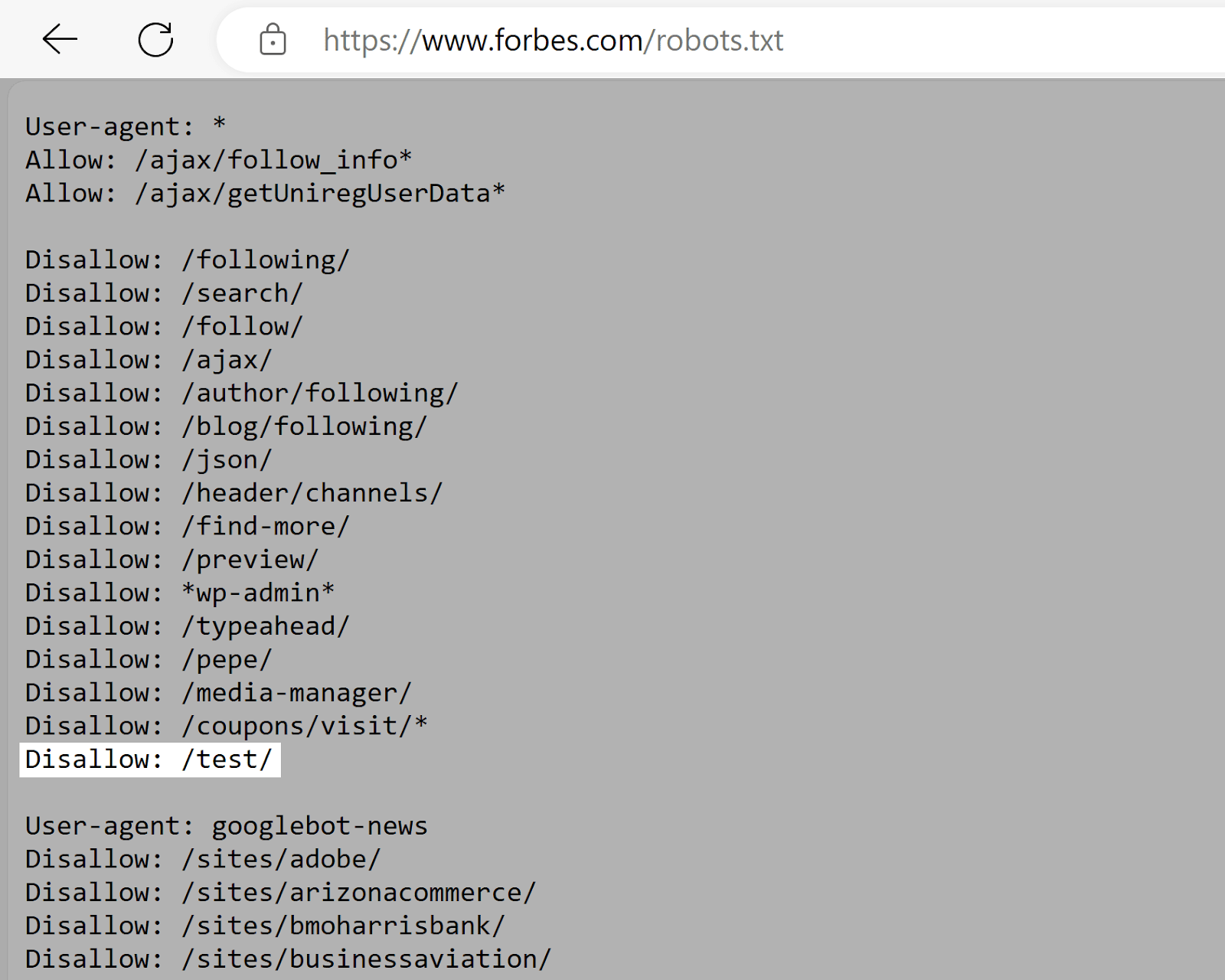 福布斯 robots.txt file with highlights showing disallowed URL path