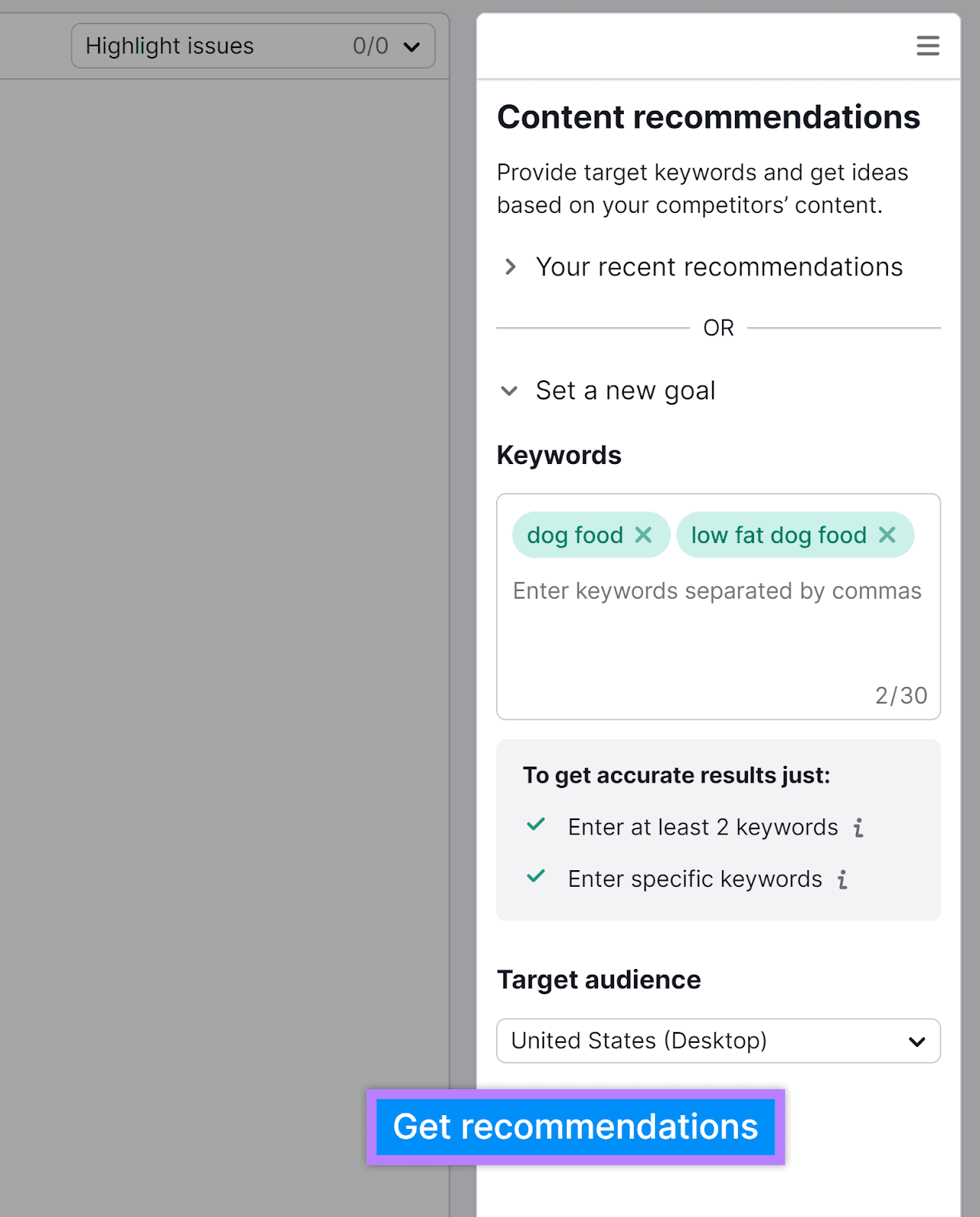 高级行政主任写作助理 setup page with keywords entered和获取推荐 button highlighted