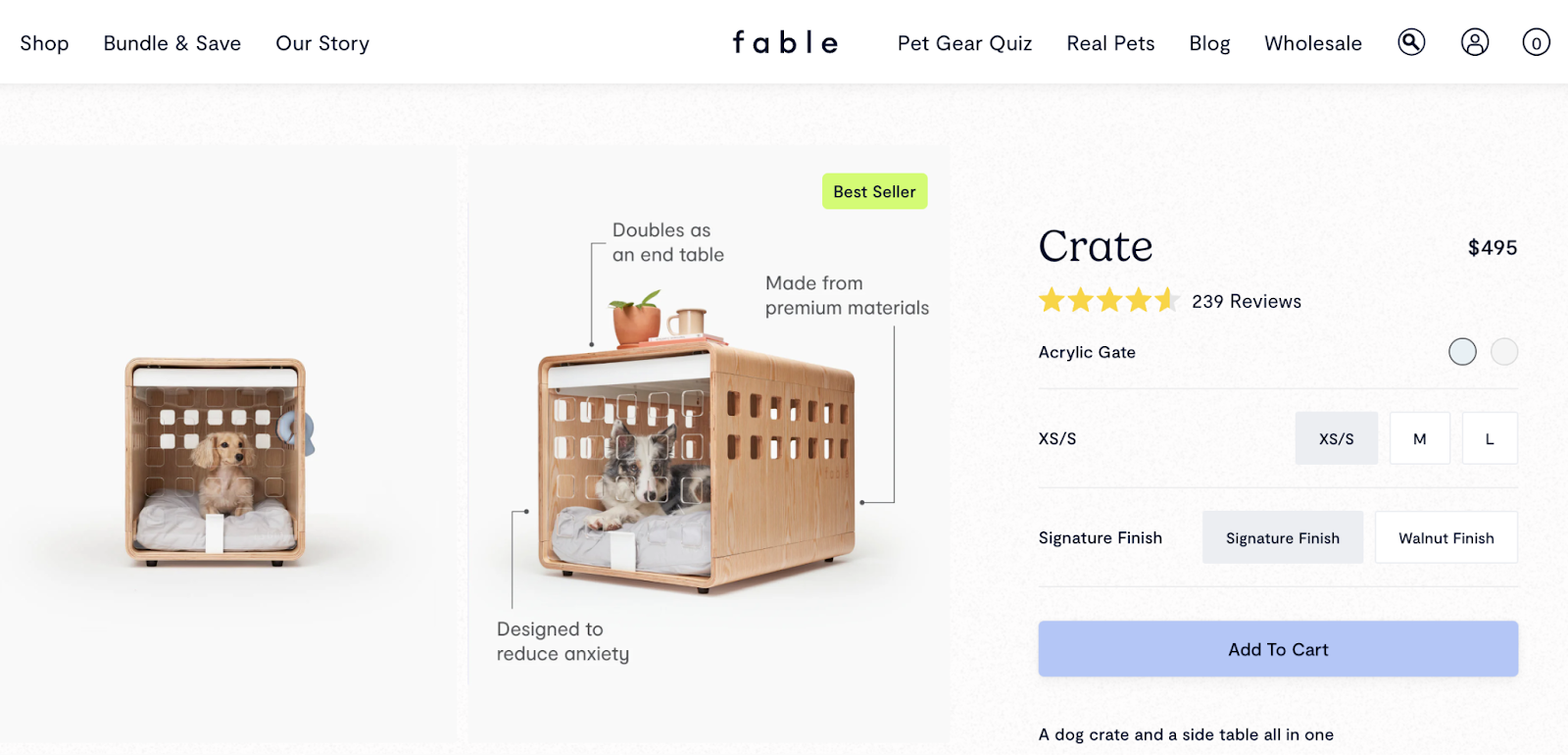 top example from serp analysis shown with dog crate product images, sizing, price, 和 add to cart cta