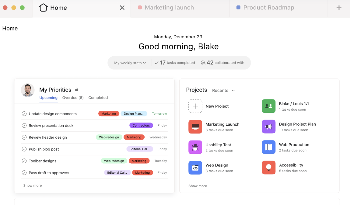 体位法 dashboard shows a leader's priorities和active projects.