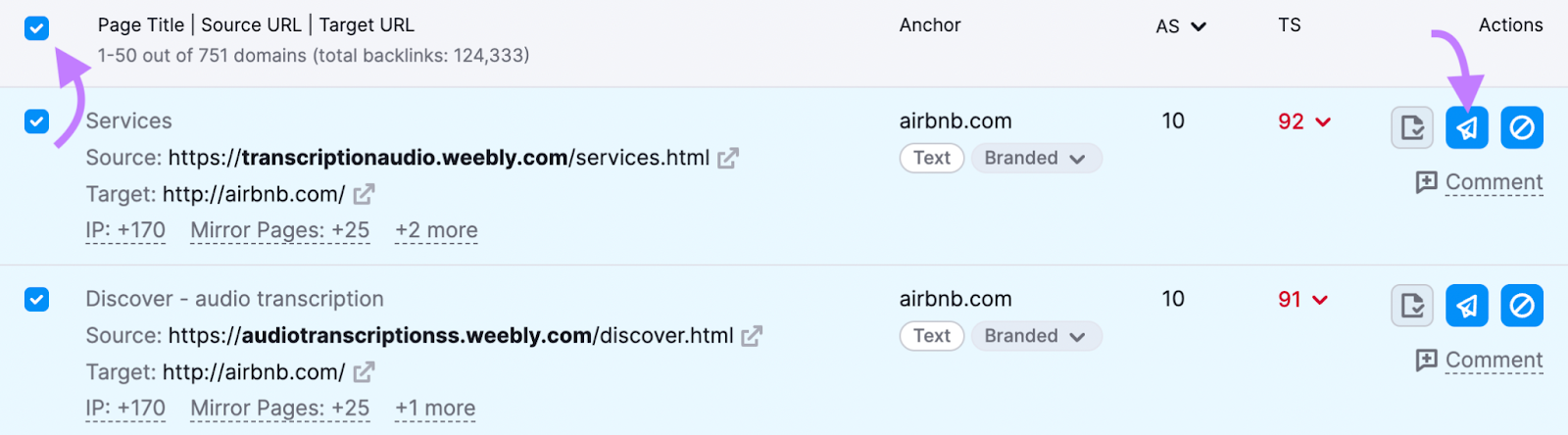 “移动到删除列表”button highlighted next to the selected URLs from the list