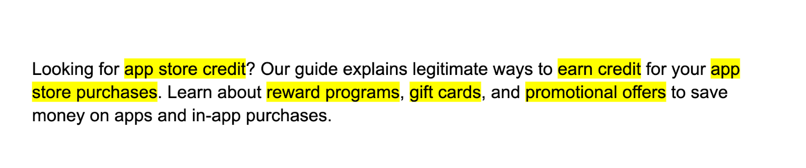 关键词 like app store credit, earn credit, reward programs, gift cards,和promotional offers 是 highlighted in a block of text