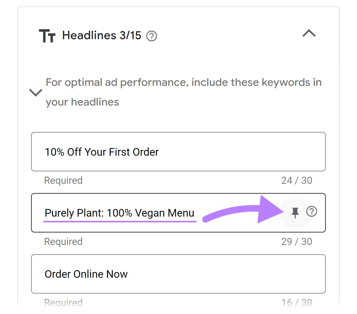 A pin icon highlighted next to headline in 谷歌广告 form