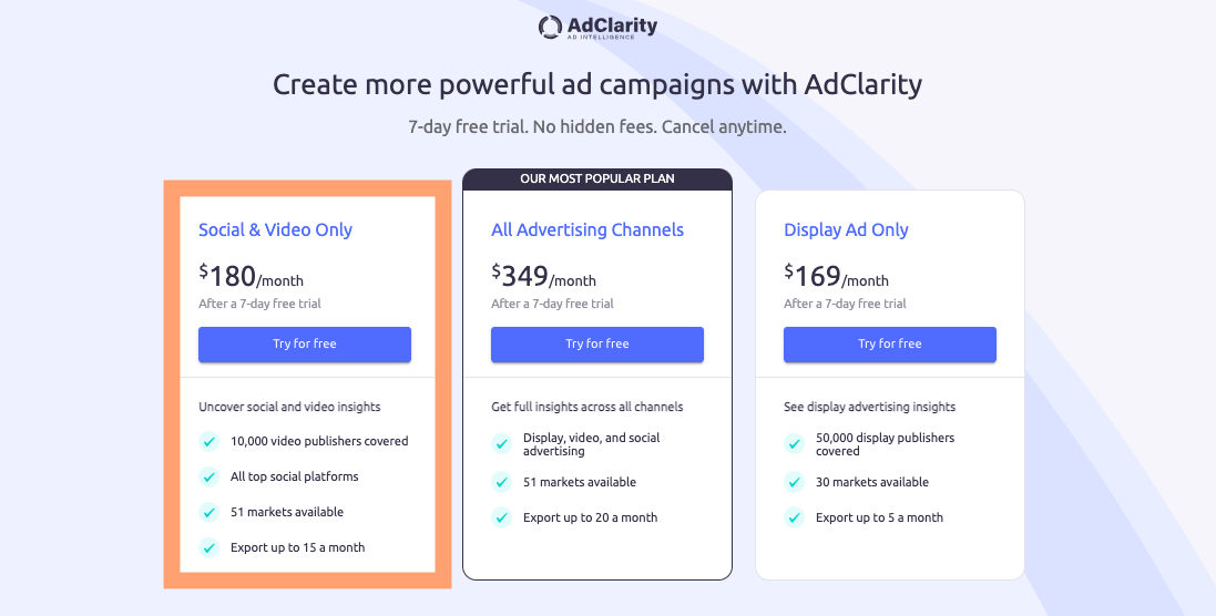 The three 鹿AdClarity pricing plans with the option for a 7-day free trial.