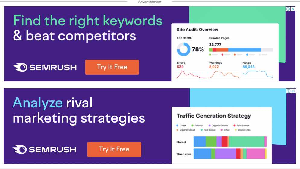 Display ads by Semrush showing elements like solution to a problem and a clear CTA 