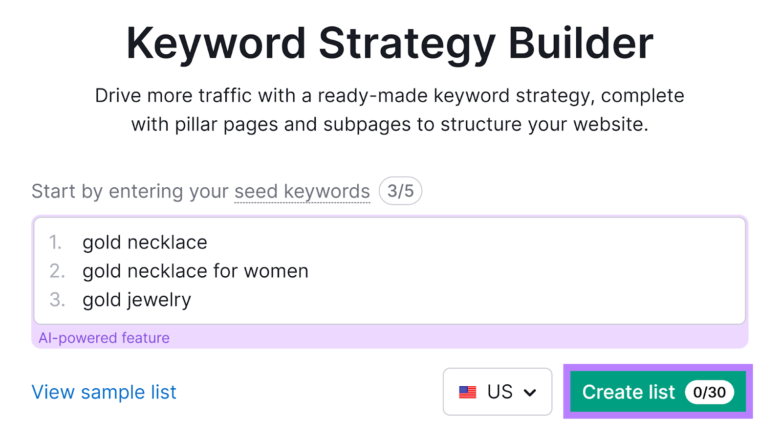 Semrush 关键字策略生成器 with seed keywords entered和'Create List' button highlighted