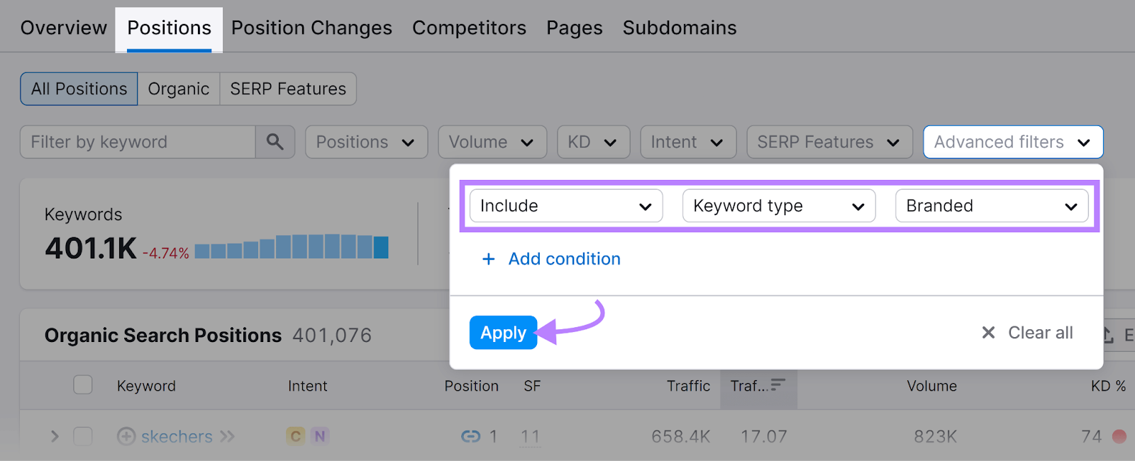 职位 tab selected, 高级过滤器 clicked and set to include 品牌化 keywords, and arrow pointing to 申请button