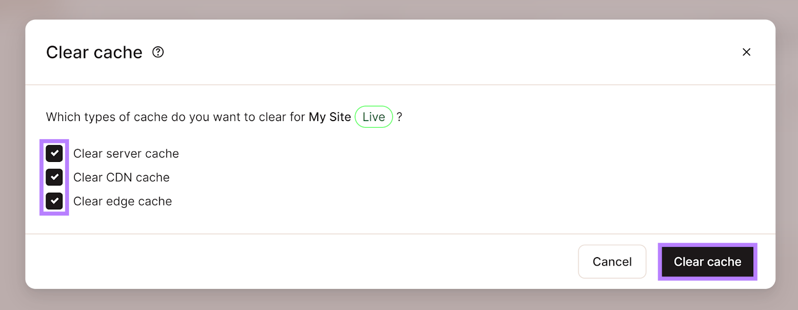 清除缓存 popup with cache types checked and '清楚 Cache' button highlighted.