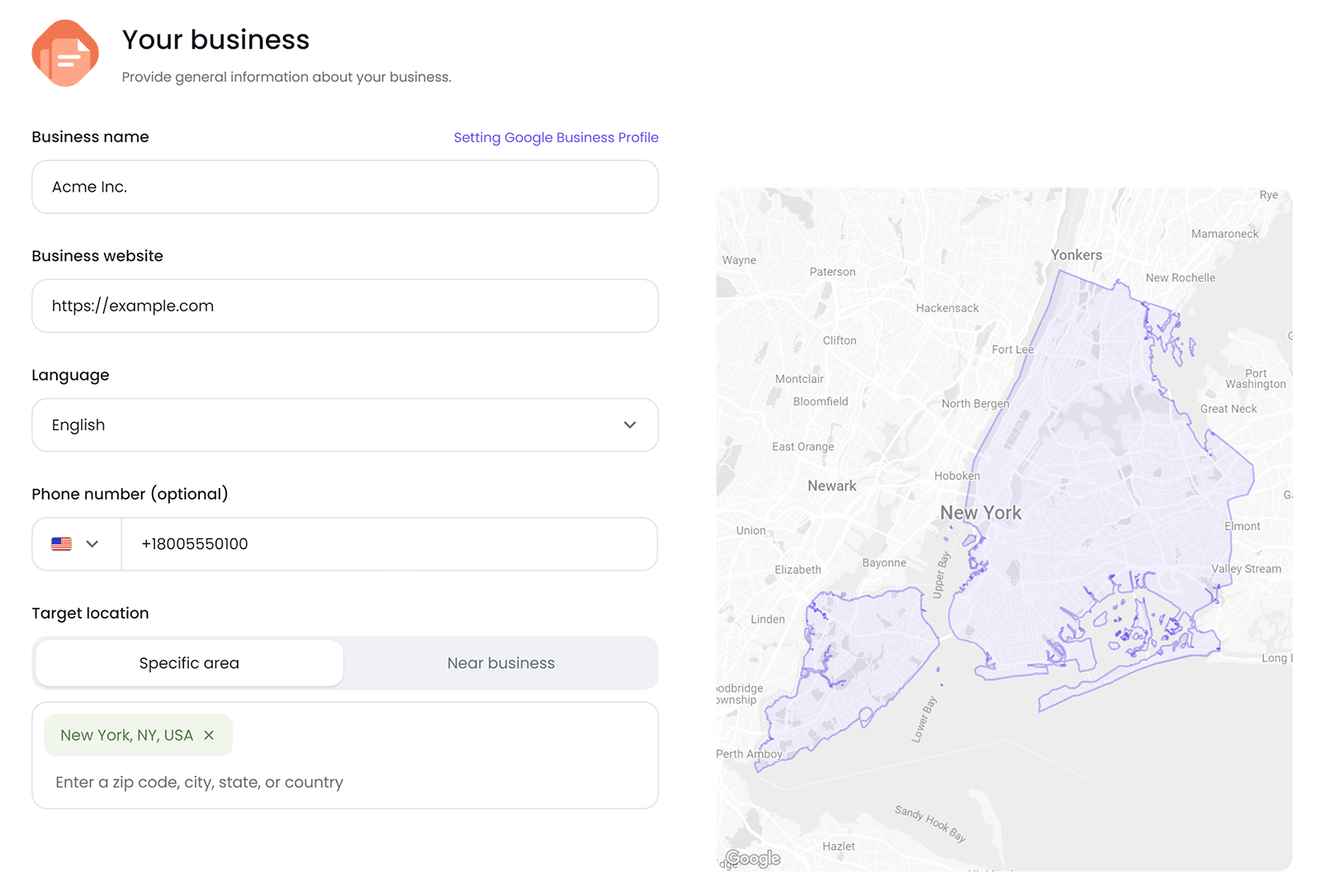 Business details entered in 广告启动助理 Smart ad setup page
