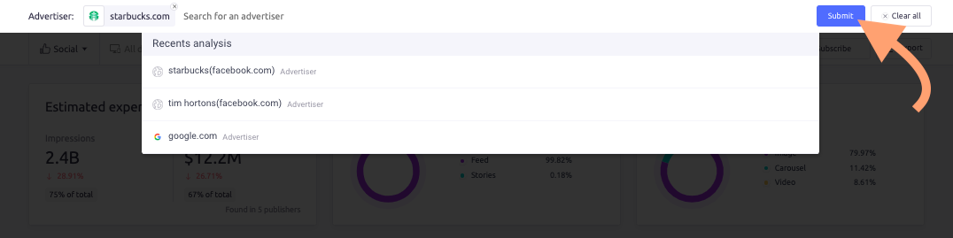 The search bar at the top of the 鹿AdClarity dashboard with 'Starbucks.com' selected.