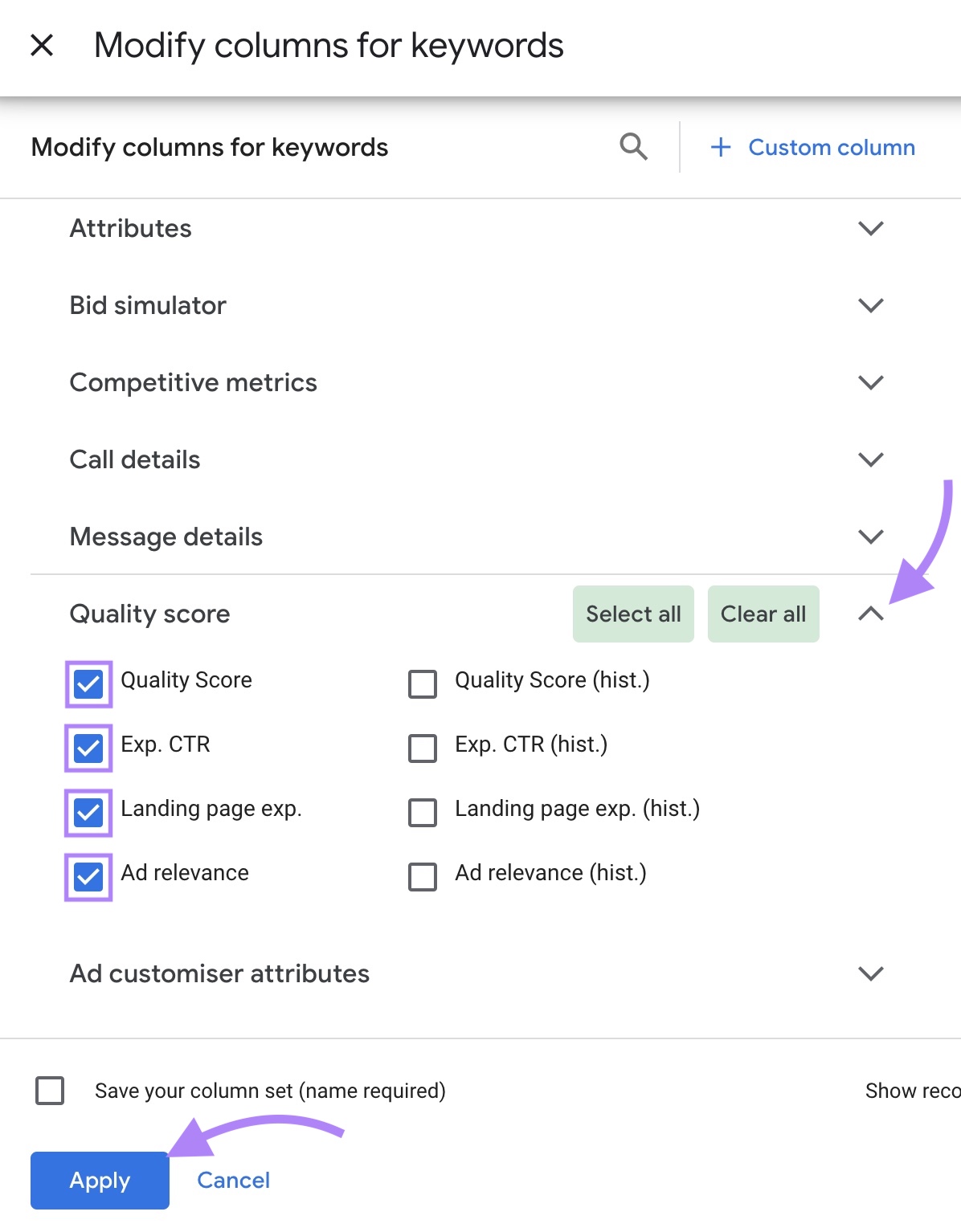 修改列 for keywords window on Google Ads with multiple boxes checked in the 