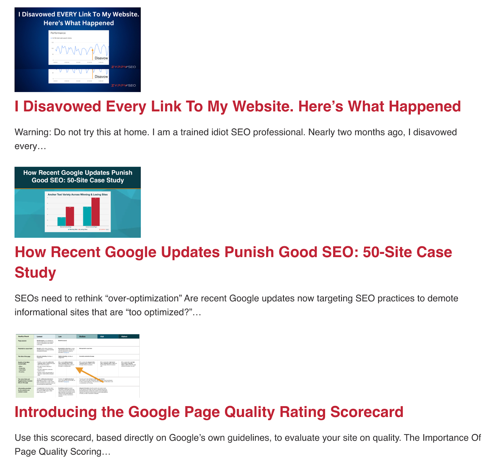 Zyppy SEO blog homepage features articles like what happens when you disavow every link on your website, how google updates punish good SEO in a 50-site case study，而more.