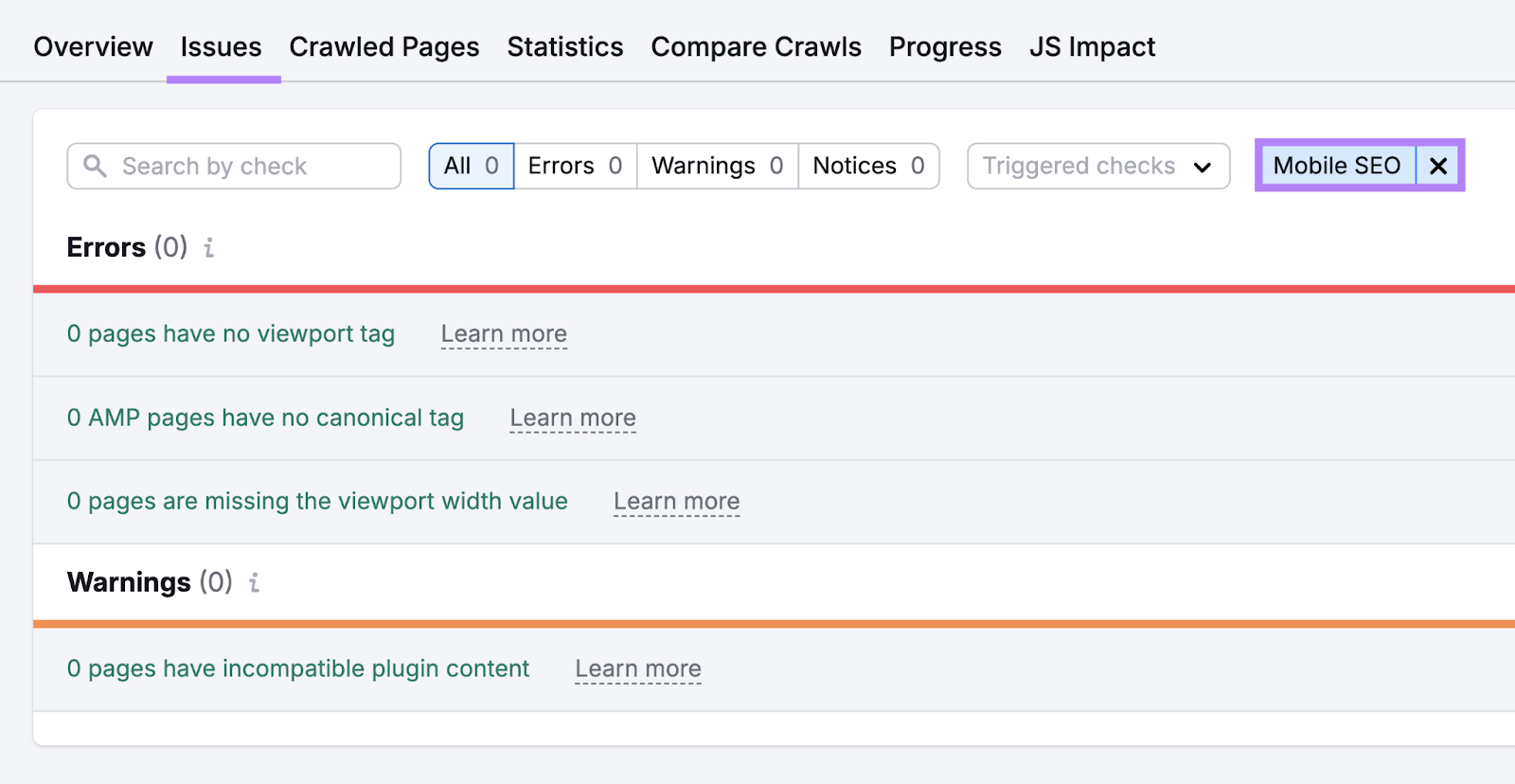 search for mobile seo issues in site audit s如何 things like no viewport tag, amp page issues, incompatible plugin content