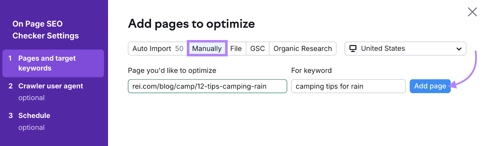 手动操作 option selected and blog pages entered with target keyword for each