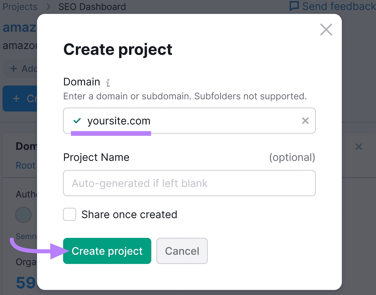 “Create project”pop up window.