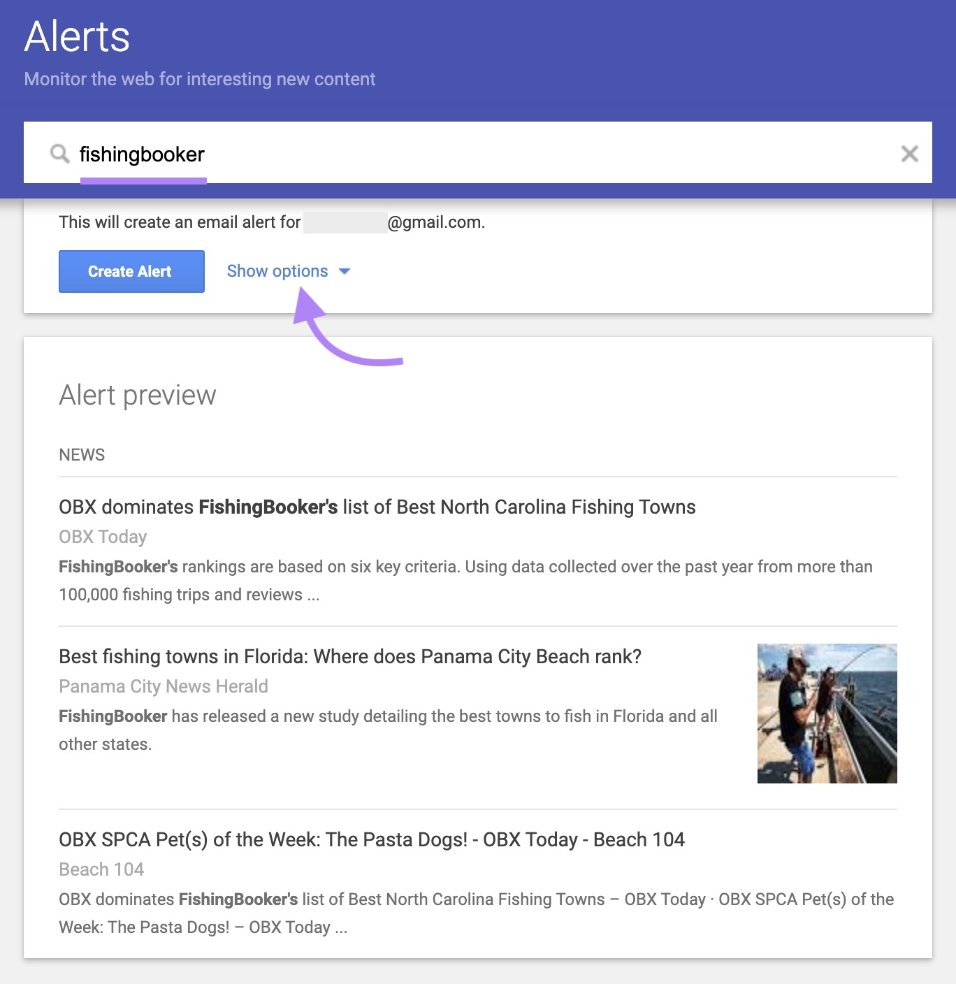 Google Alerts home with a brand name entered in the search bar and highlighted, and an arrow pointing toward 
