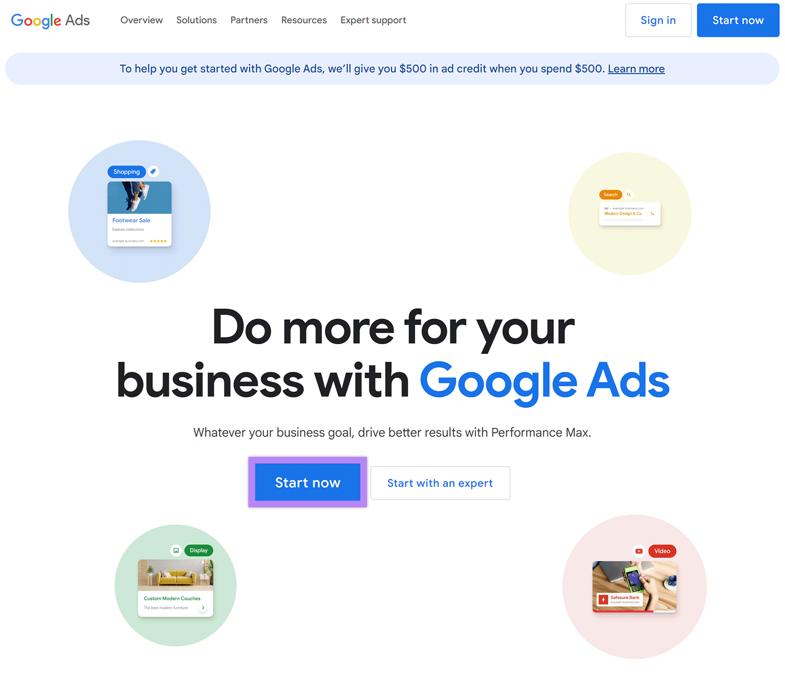 谷歌广告 start page with the 