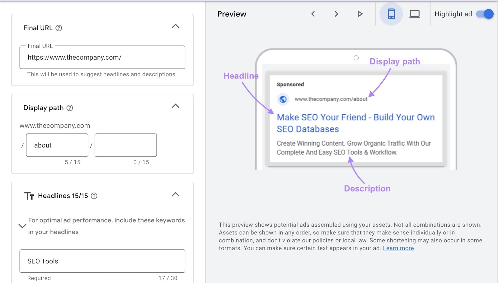 Writing an 广告文案 on Google ads with an ad preview appearing on the left with the headline, description, and display path highlighted.