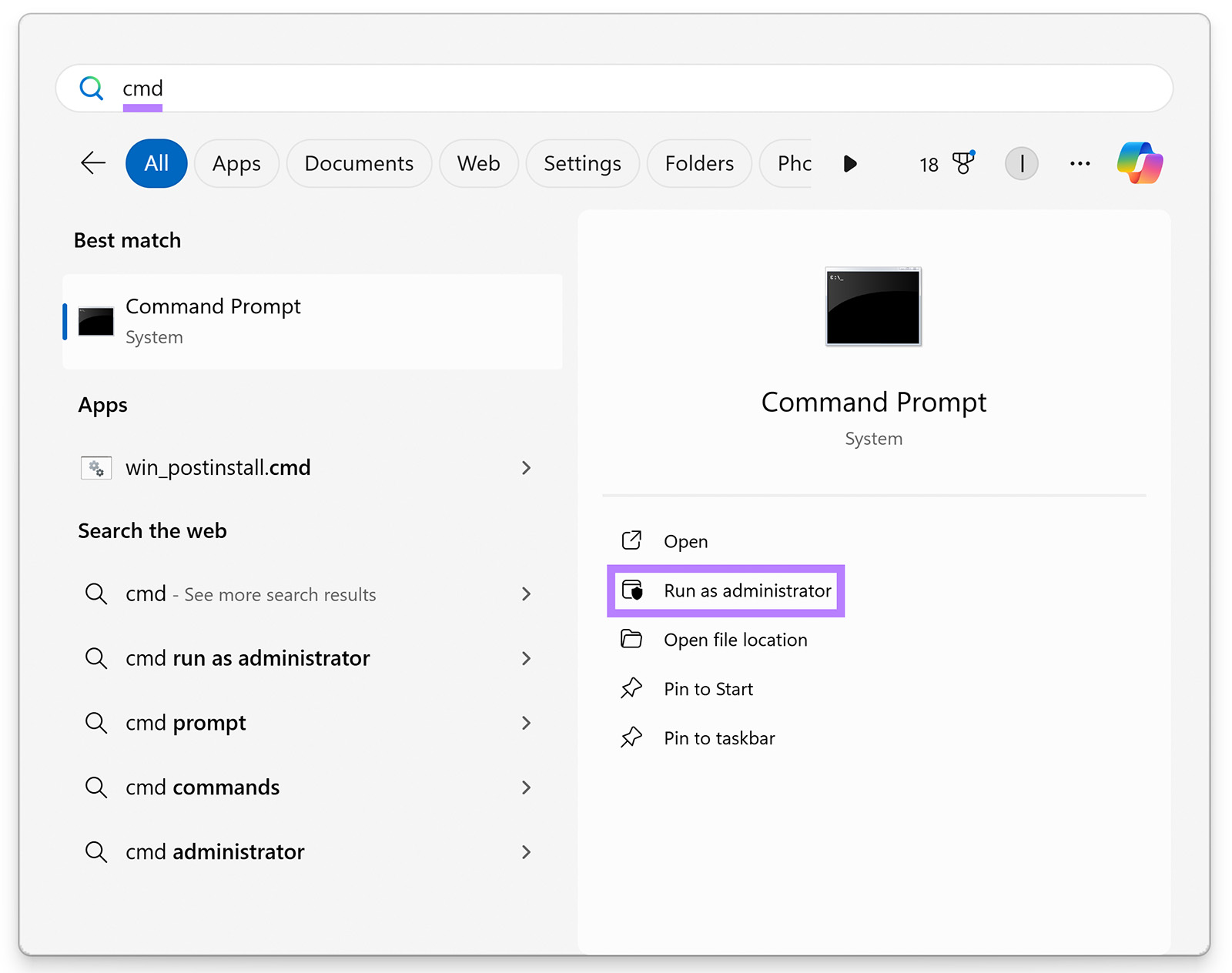 Windows 11 开始 menu with 'cmd' typed in search bar and Run as administrator option for Command Prompt highlighted