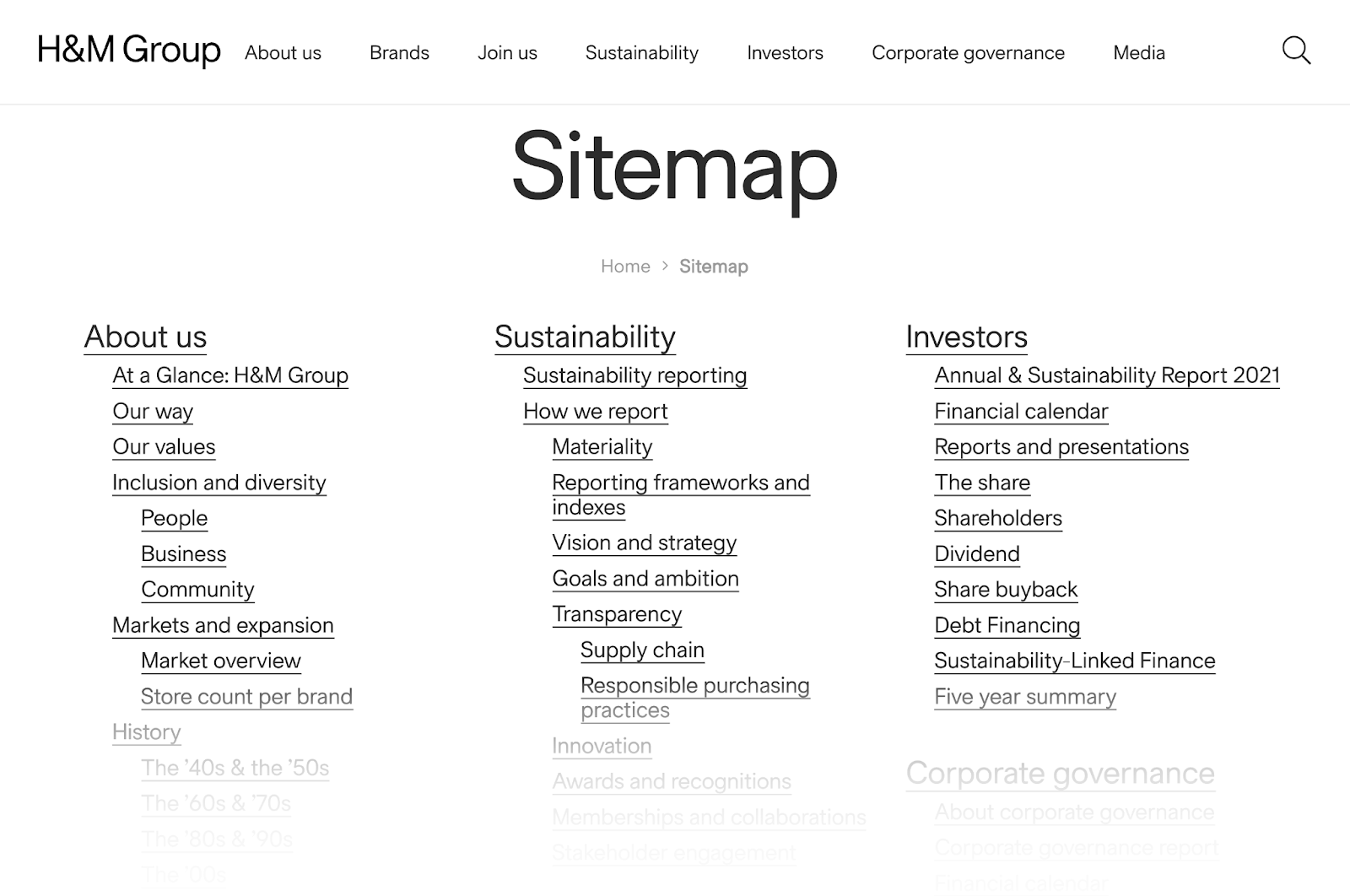 HTML 网站地图 example by H&M Group