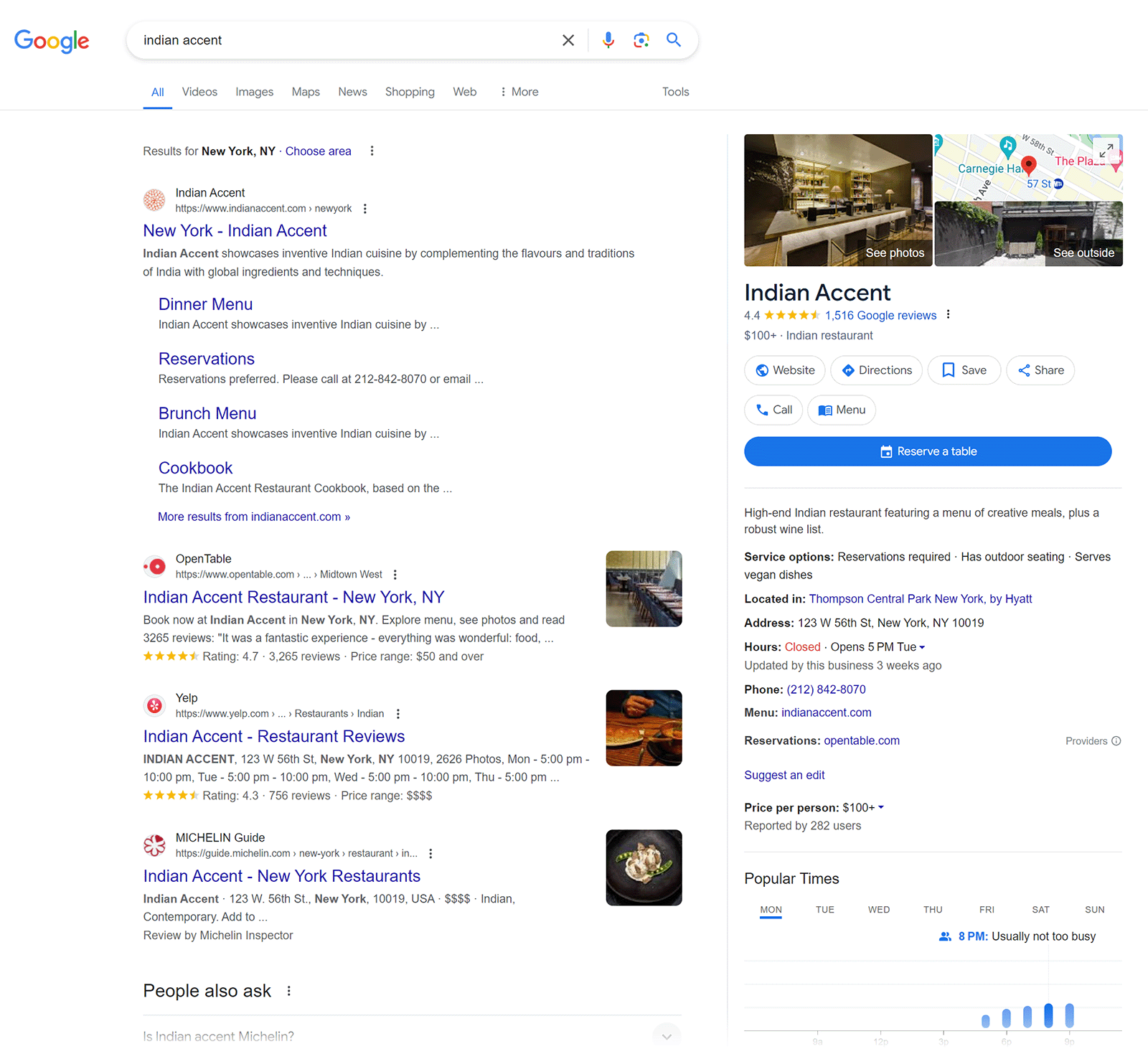 Google search results for 'indian accent' in New York showing 谷歌业务简介 of Indian Accent restaurant