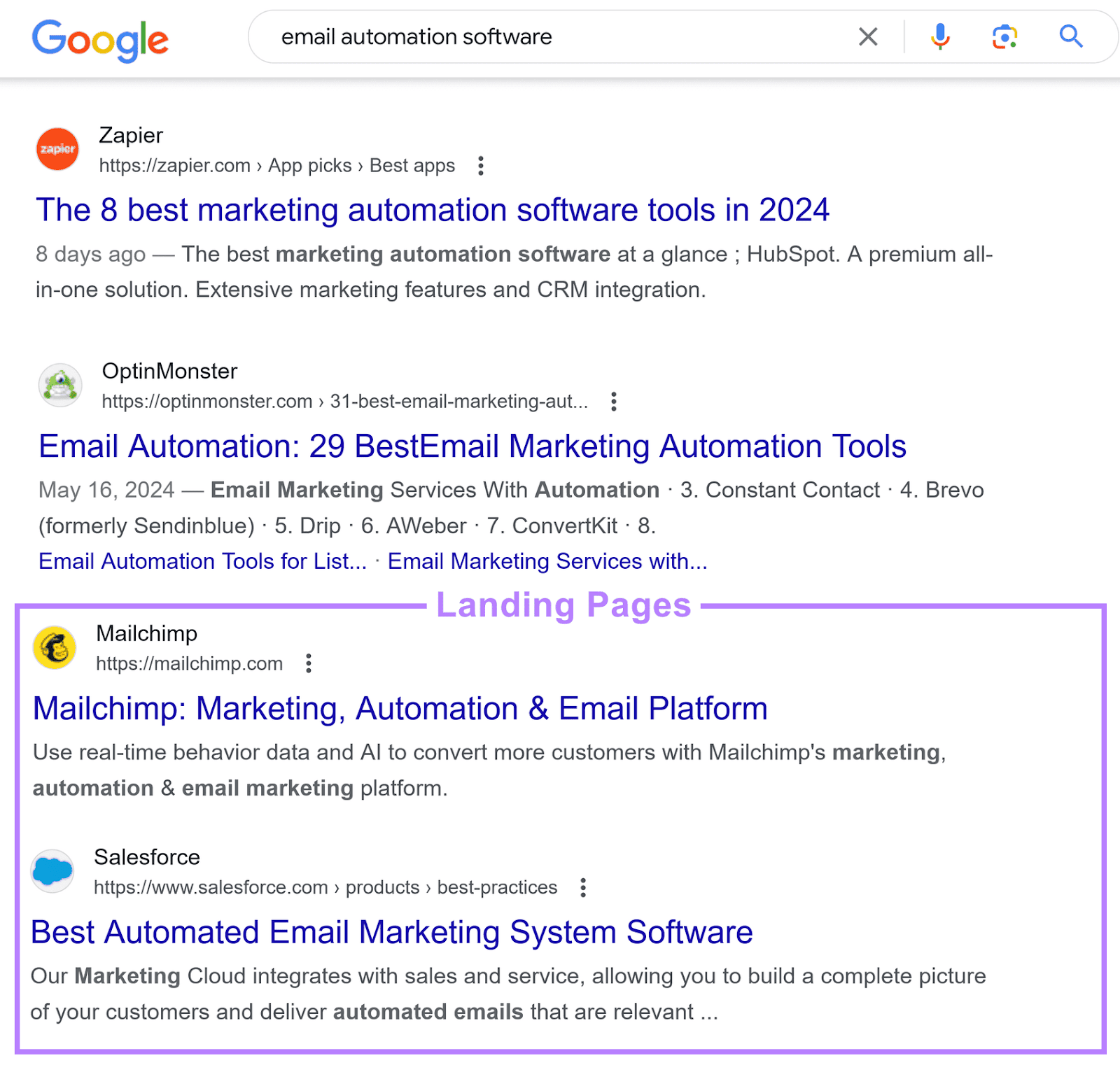Google search results page, showing two pages highlighted in a