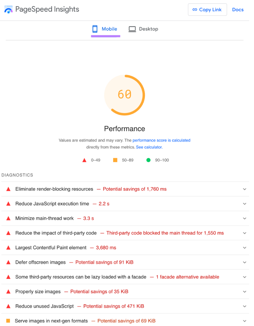 An analyzed mobile page's report in PageSpeed洞察.