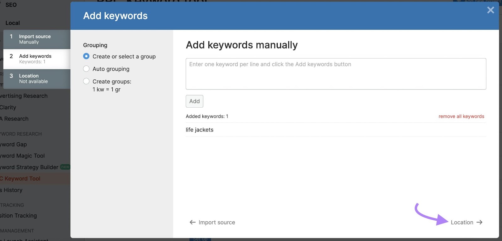 '地点' button highlighted in '添加关键字' window in Semrush PPC的关键字工具