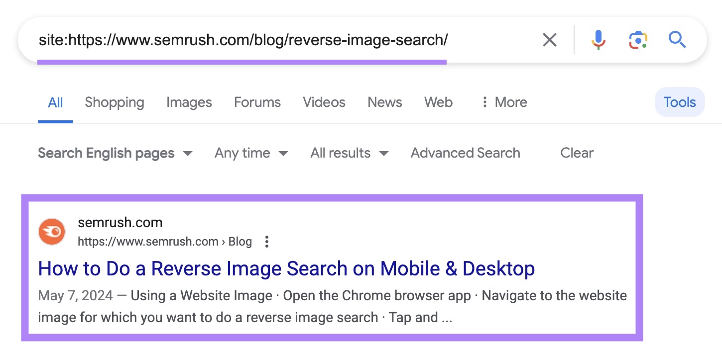 site search on Google for a specific page from