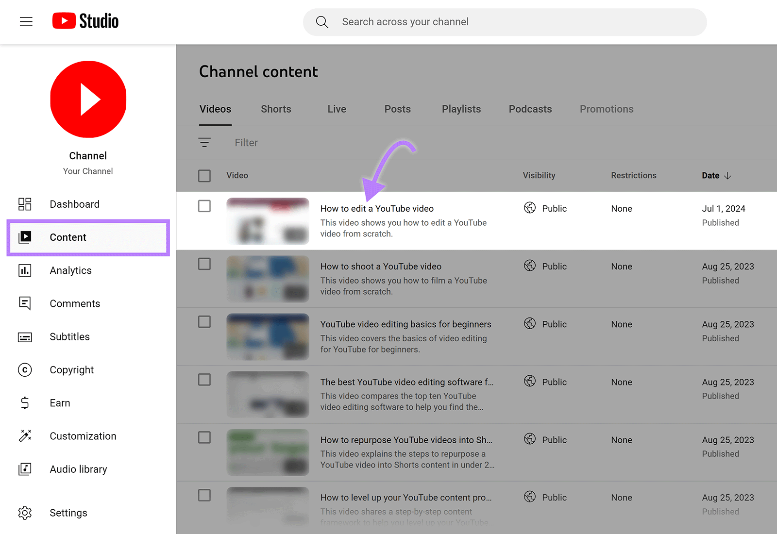 YouTube Studio dashboard with 内容 page opened和arrow pointing to top video