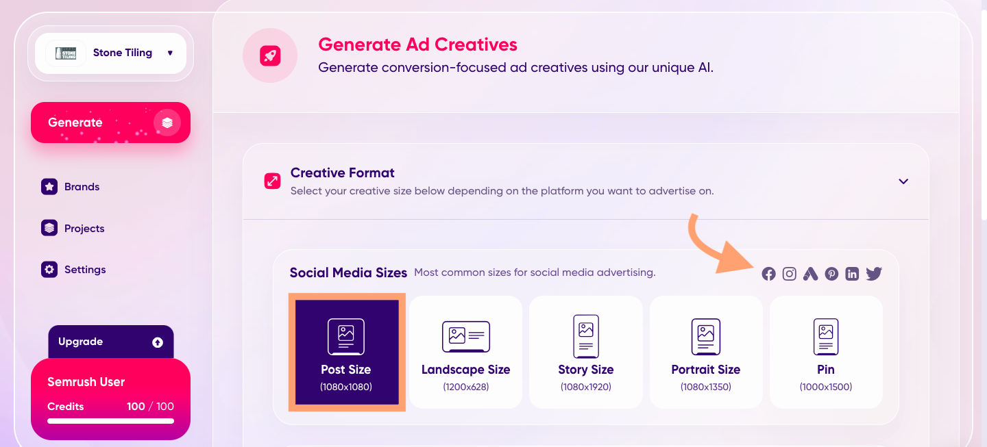 A screenshot of the size和formatting options on Ad.Creative.