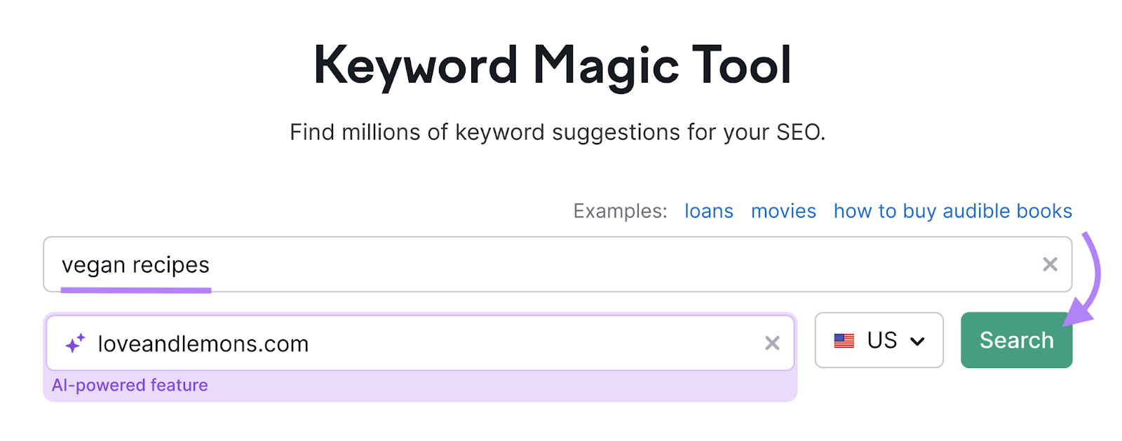 纯素食食谱 entered into keyword magic tool with a recipe website entered as the domain