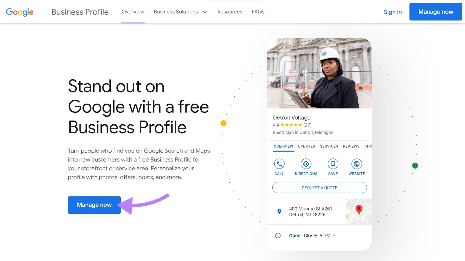 Google Business Profile homepage with the 