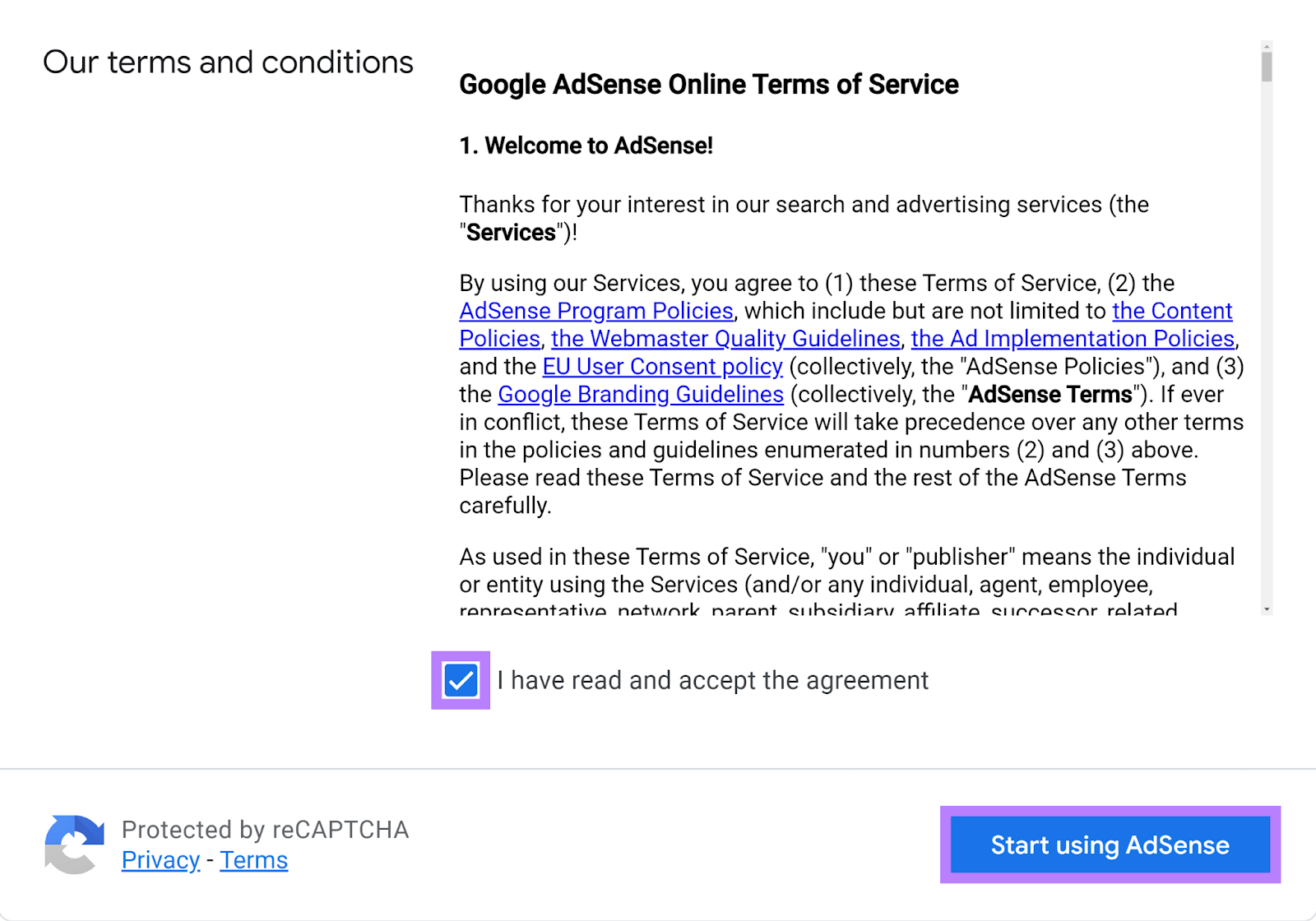 Agree to terms checkbox ticked and 开始使用AdSense button highlighted