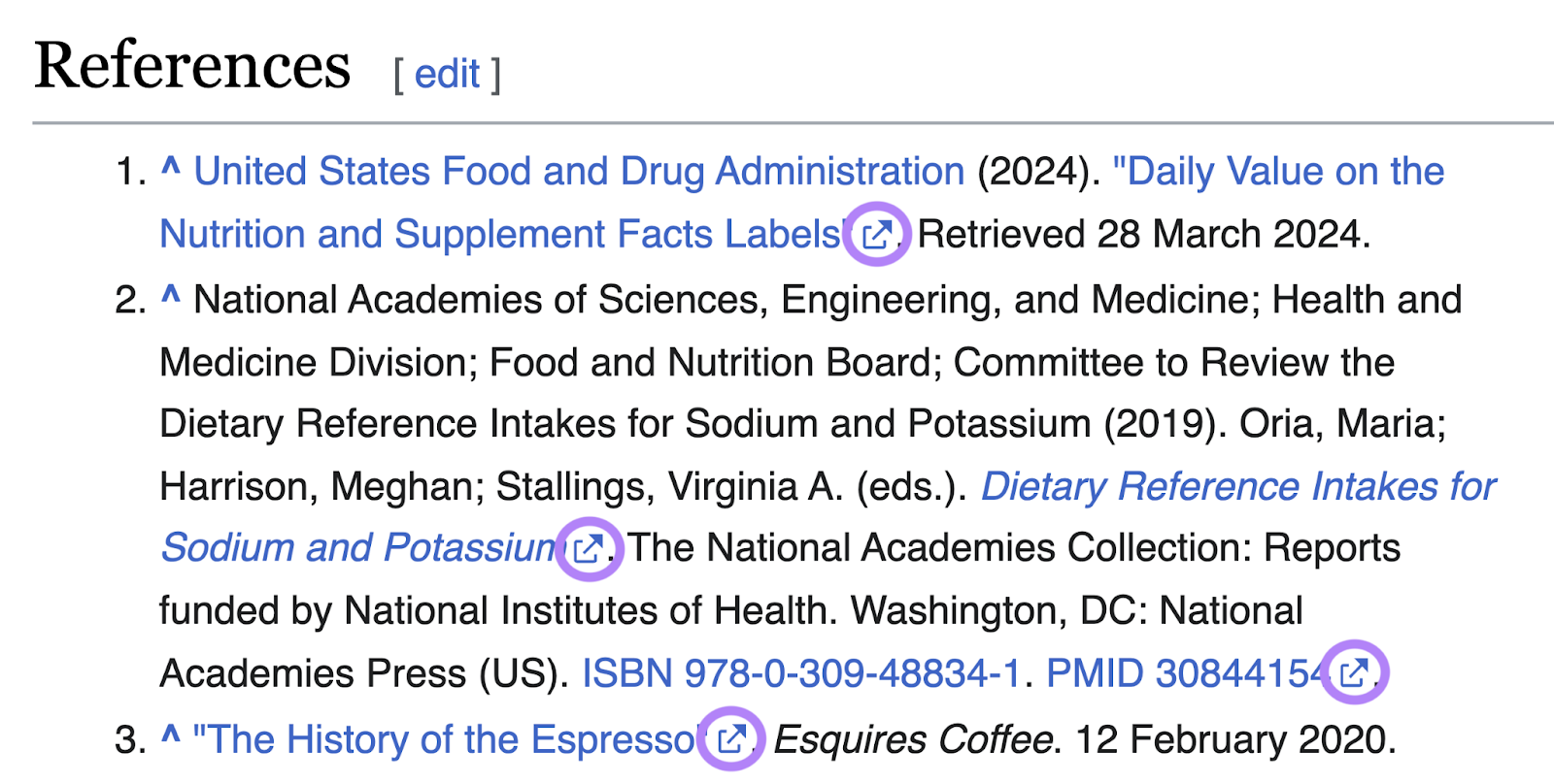External link icons appear next to the name of the source和are highlighted in a Wikipedia page's References section