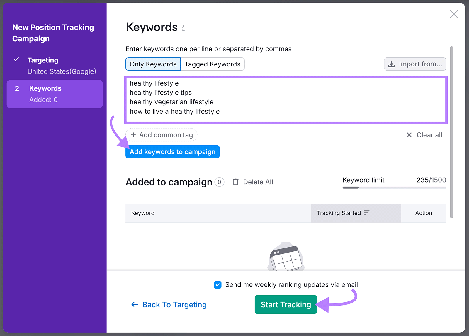 位置跟踪 Campaign setup popup with keywords entered and arrow pointing to 开始追踪 button