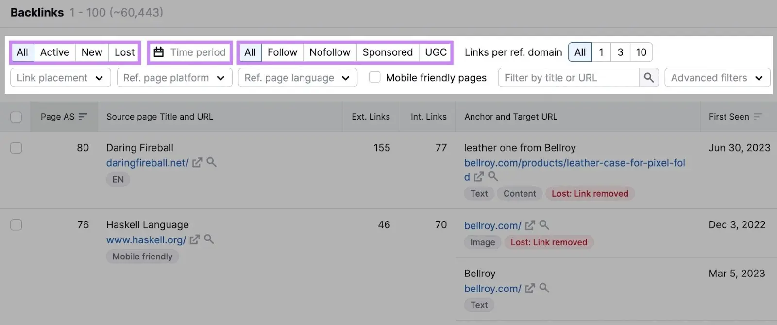 反向链接 section with Filter option tabs highlighted