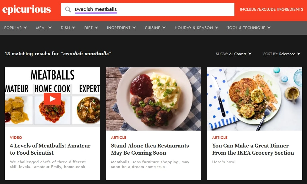 Epicurious.com website showing 