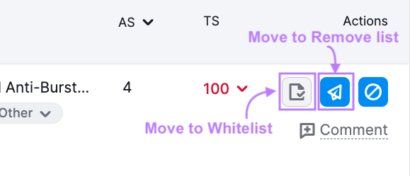 “Move to Whitelist”和 “Move to 移走 list”icons highlighted in purple